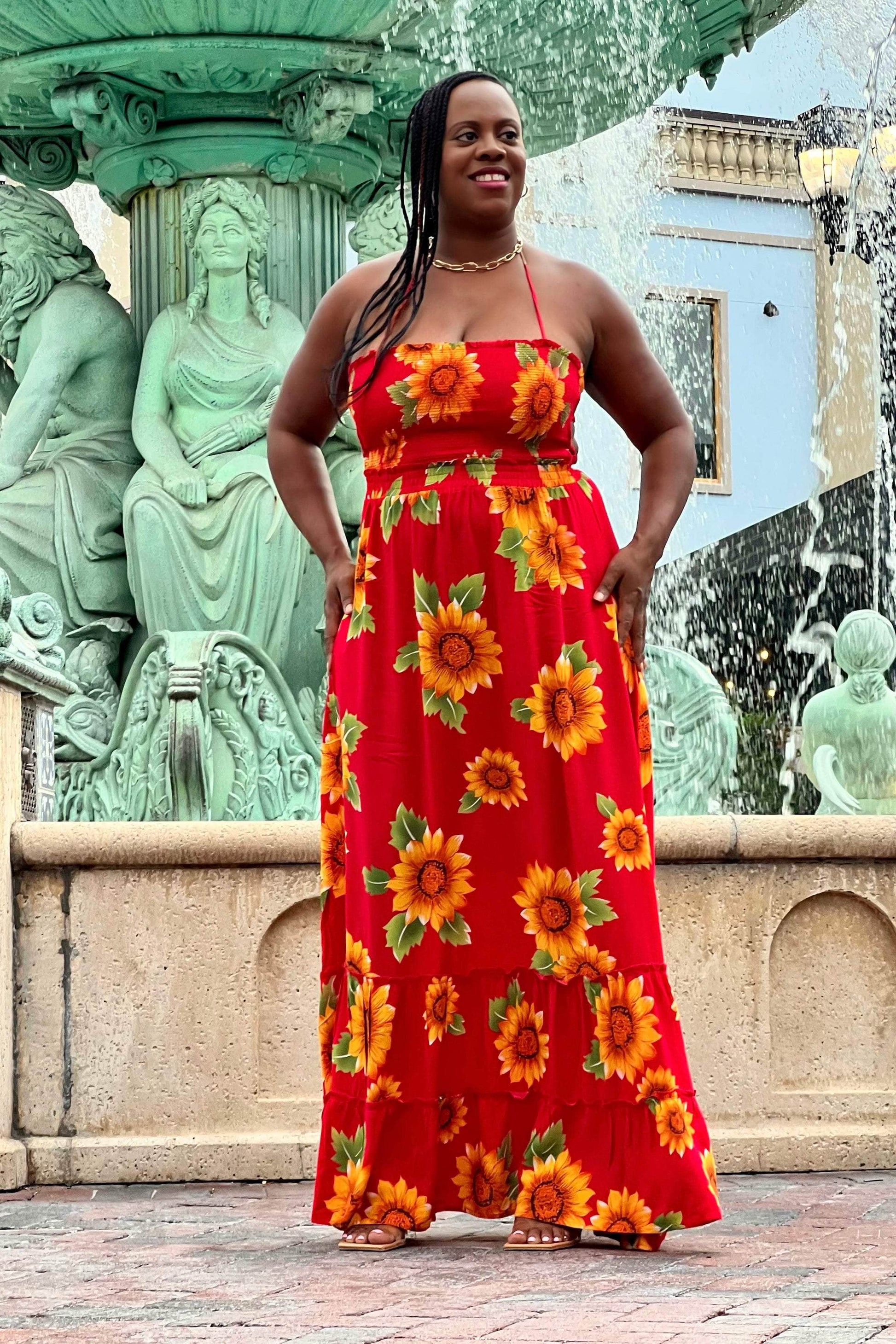 Dress Day Dresses A Walk in The Park Floral Print Halter Maxi Dress (Red)