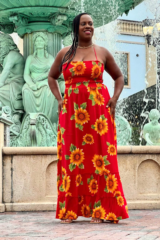 Dress Day Dresses A Walk in The Park Floral Print Halter Maxi Dress (Red)