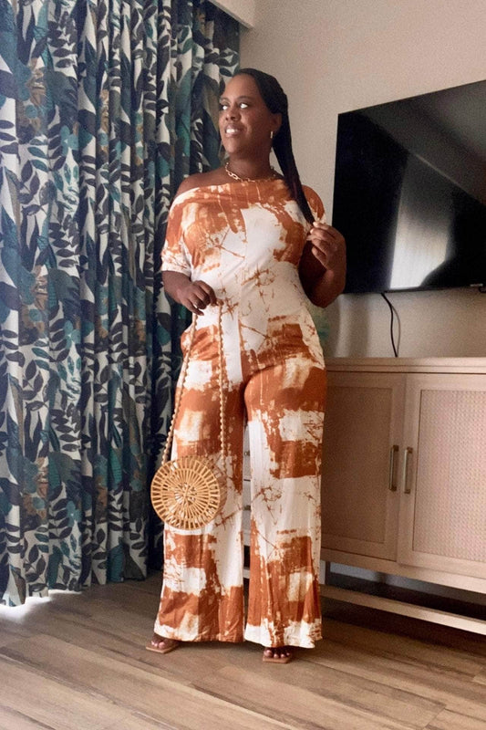 Dress Day Jumpsuits & Rompers Jenni Wide Leg Off the Shoulder Tie Dye Print Jumpsuit (Cappuccino)
