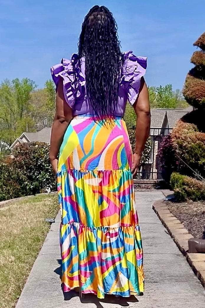 Flying Tomato Kaleidoscope Tiered Skirt (Blue Yellow Multi)
