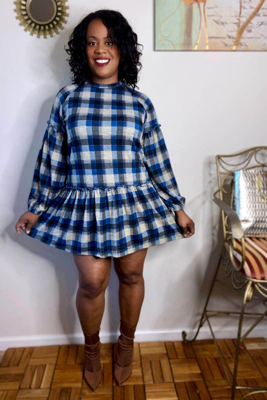 HYFVE Queen Me Checkered Print Babydoll Dress (Blue)