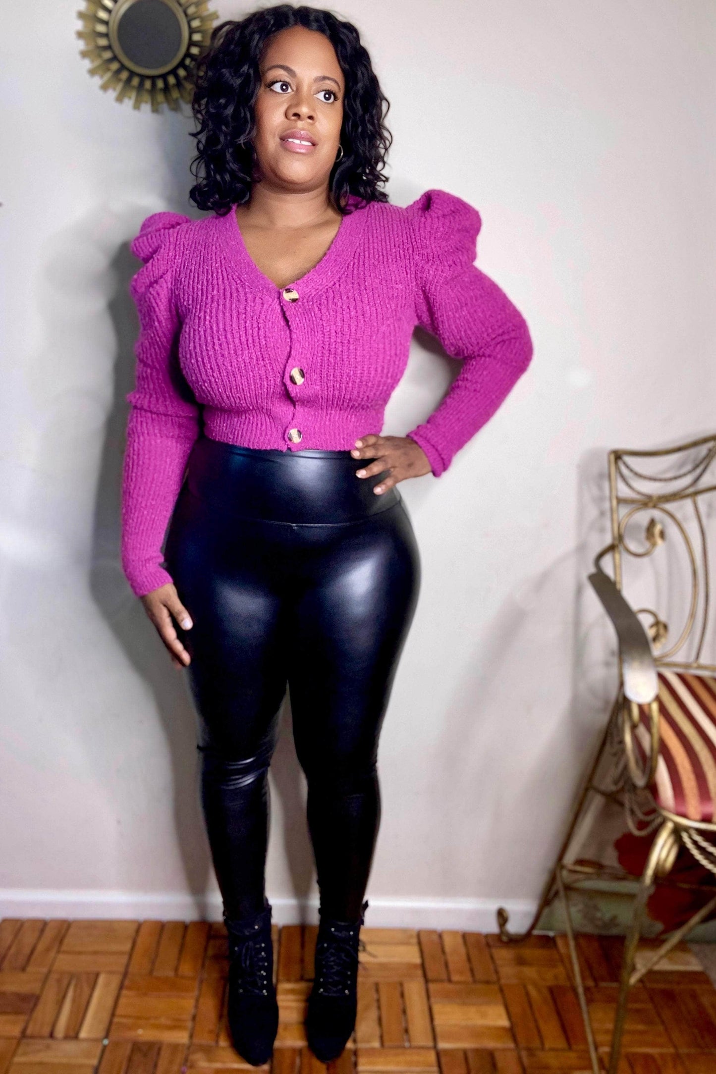 HYFVE Sweetie Puff Sleeve Cropped Sweater Cardigan (Magenta)
