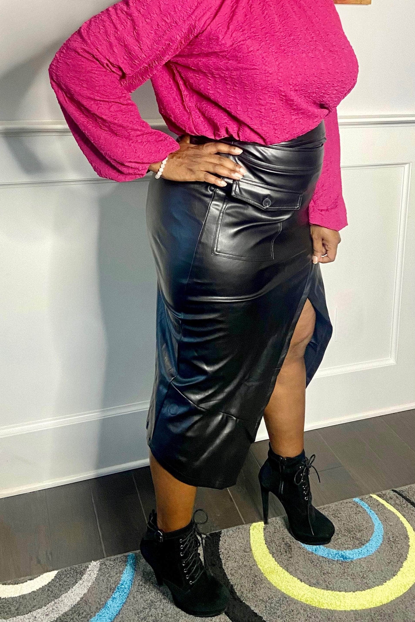 lee monet Can’t Decide High-Waist Faux Leather Wrap Midi Skirt (Black)