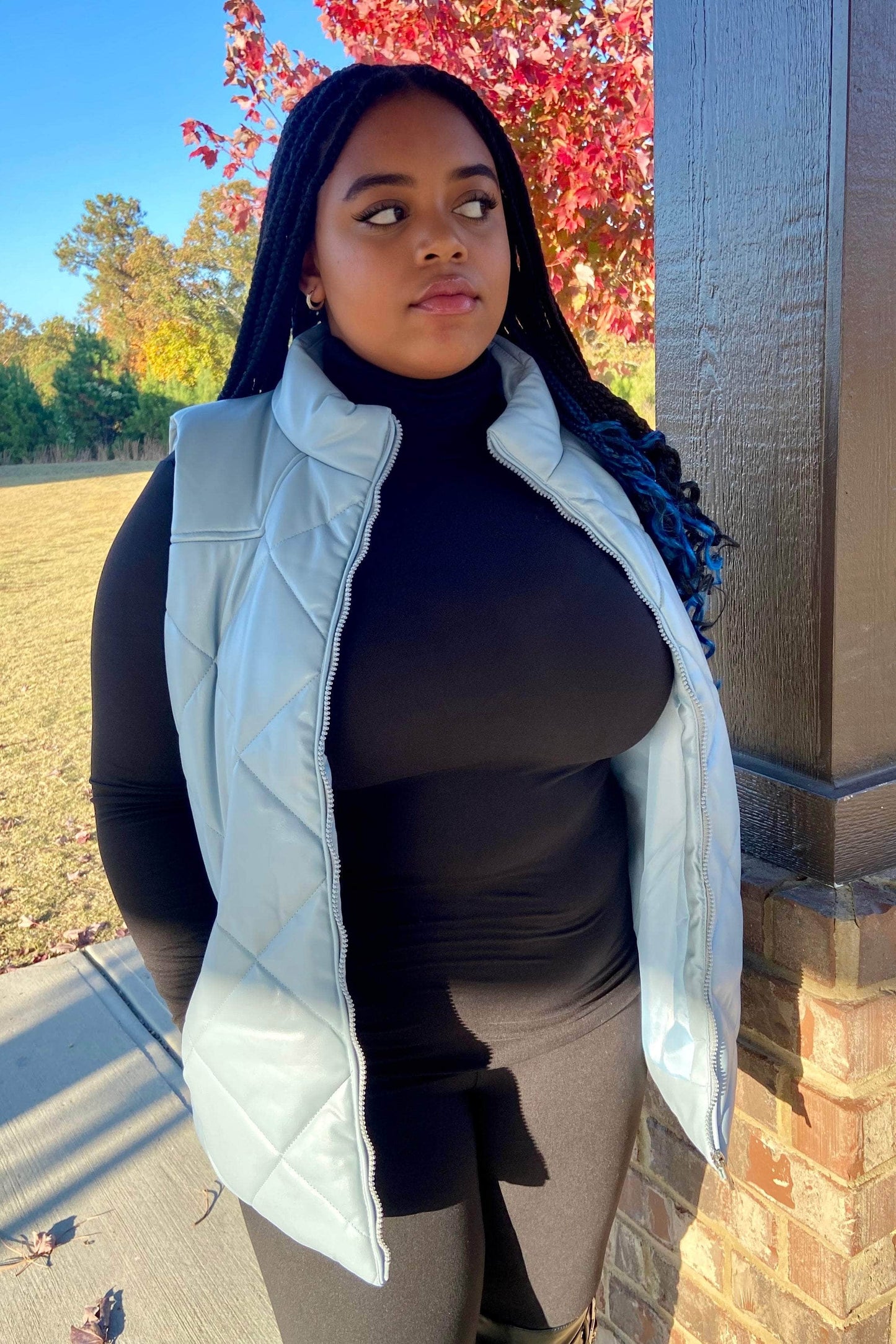 lee monet Chloe Vegan Leather Quilted Puffer Vest (Dusty Blue)