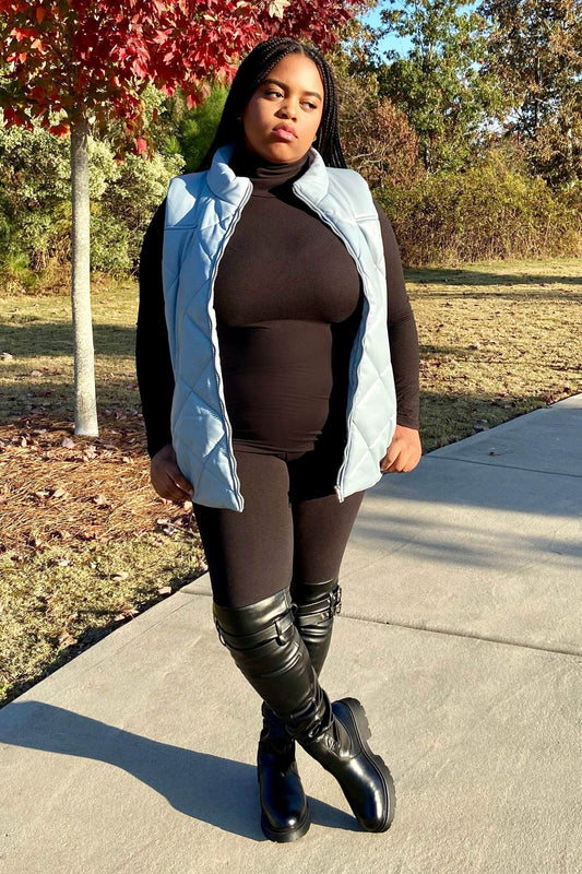 lee monet Chloe Vegan Leather Quilted Puffer Vest (Dusty Blue)