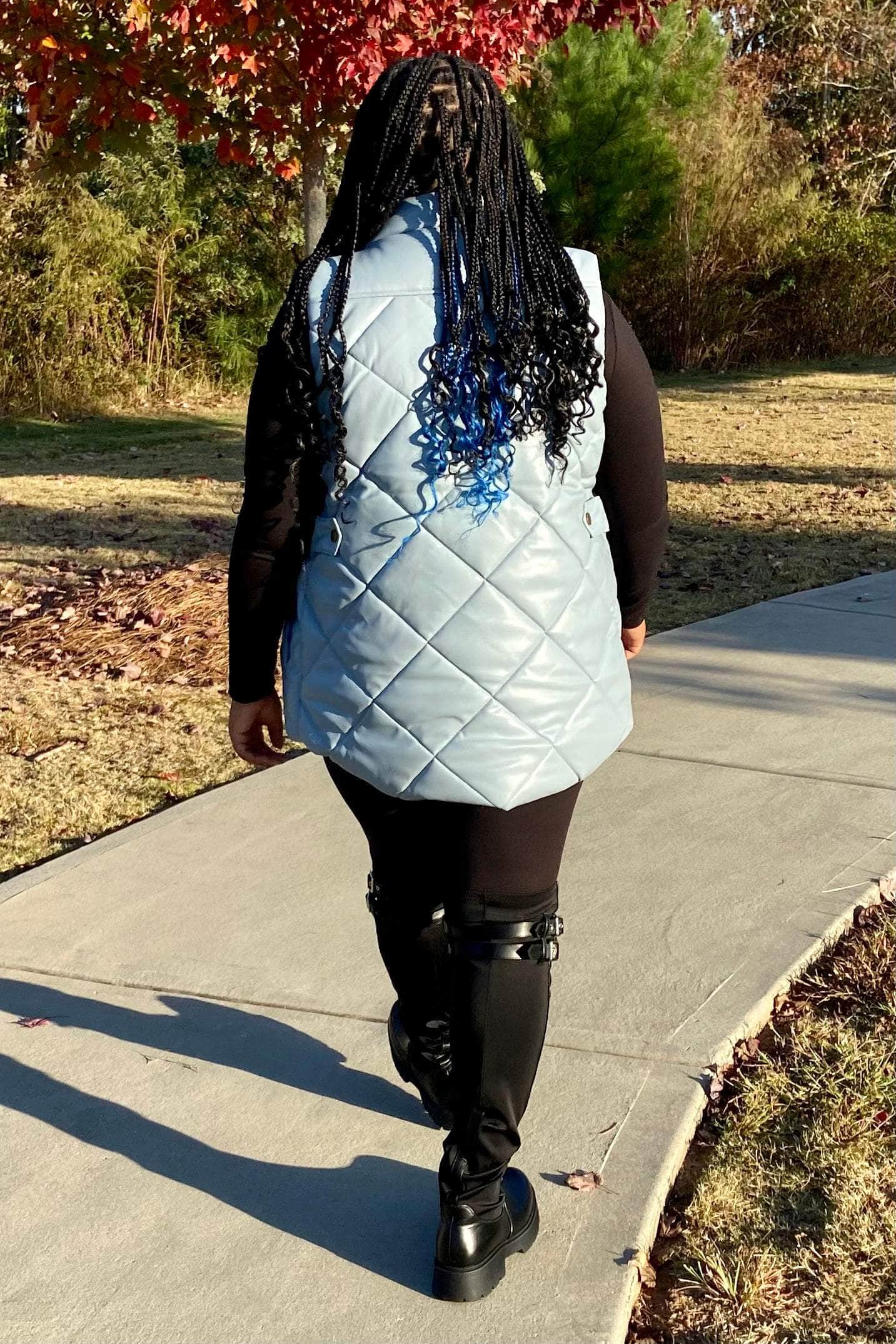 lee monet Chloe Vegan Leather Quilted Puffer Vest (Dusty Blue)
