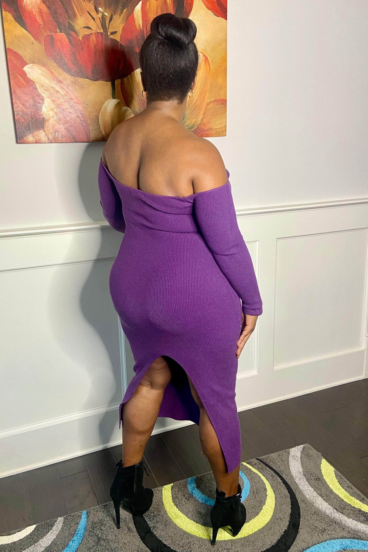 lee monet Forever Me Off-the-Shoulder Knit Bodycon Midi Dress (Eggplant)