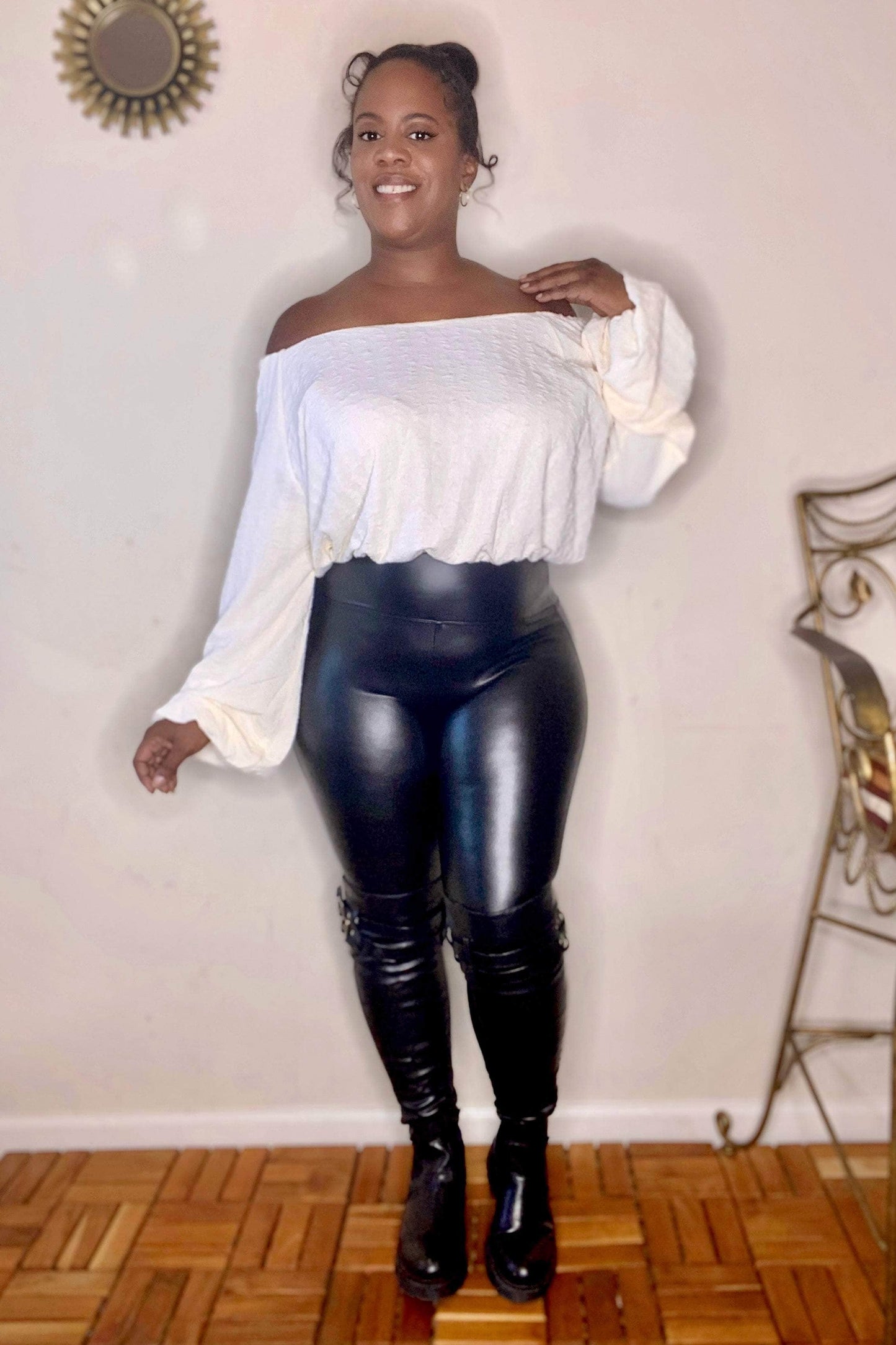 lee monet Mixed Feelings Bubble Knit Balloon Sleeve Top (Ivory)