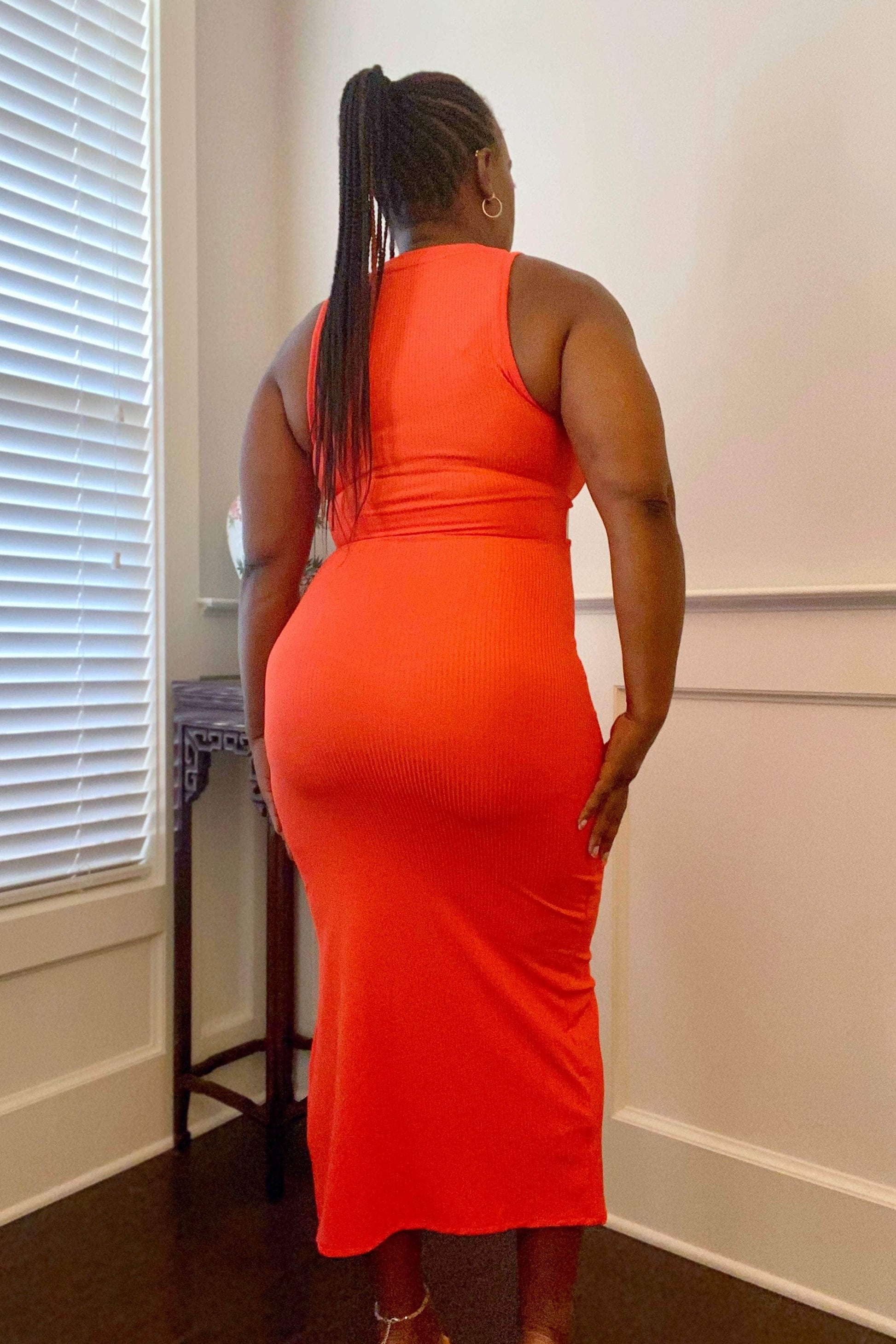 SJK Effortless Vibes Ribbed Sleeveless O-Ring Midi Dress (Orange)