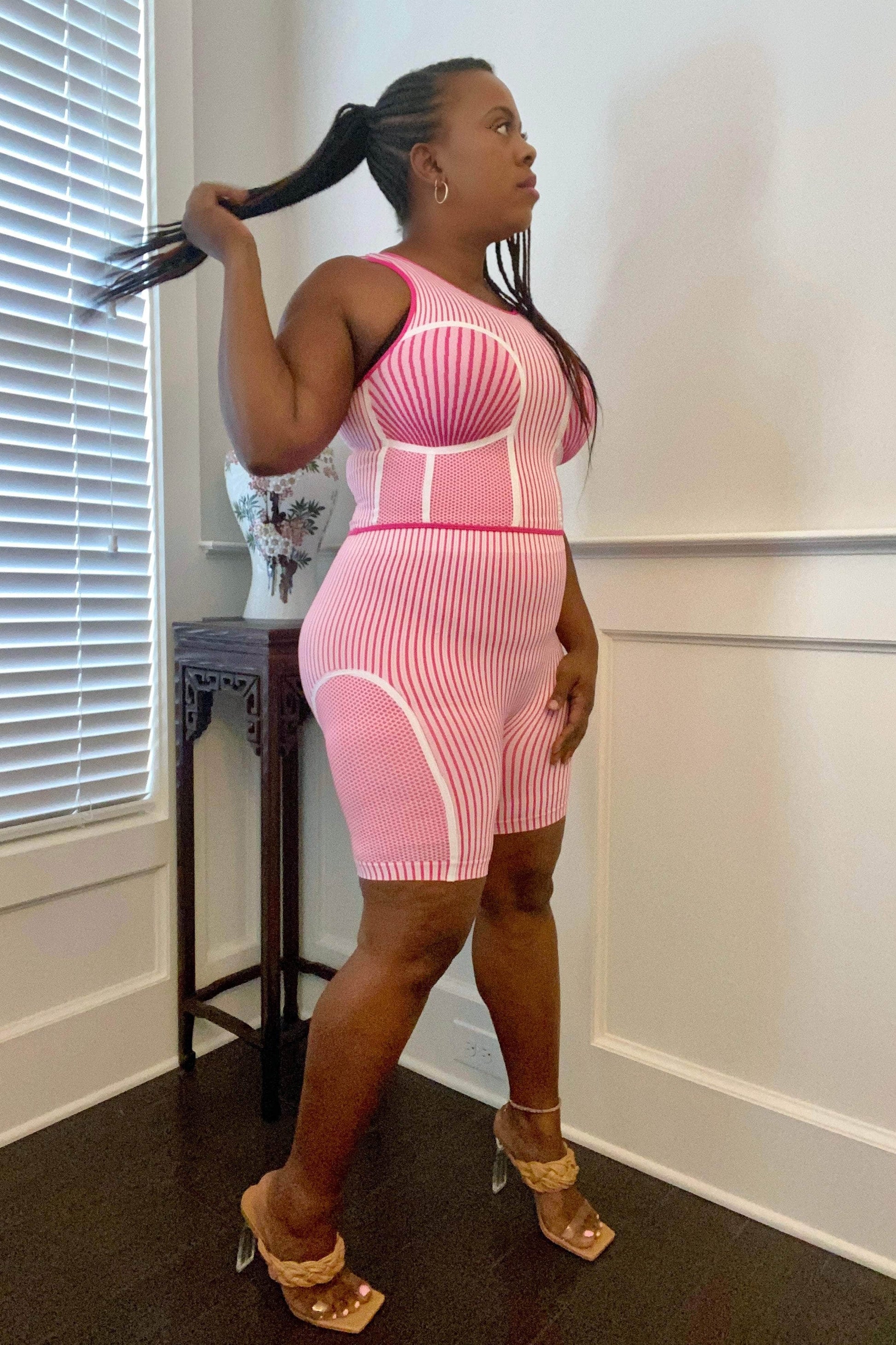 SJK Ribbed Fab Fit Sleeveless Top Matching Biker Short Set (Pink)
