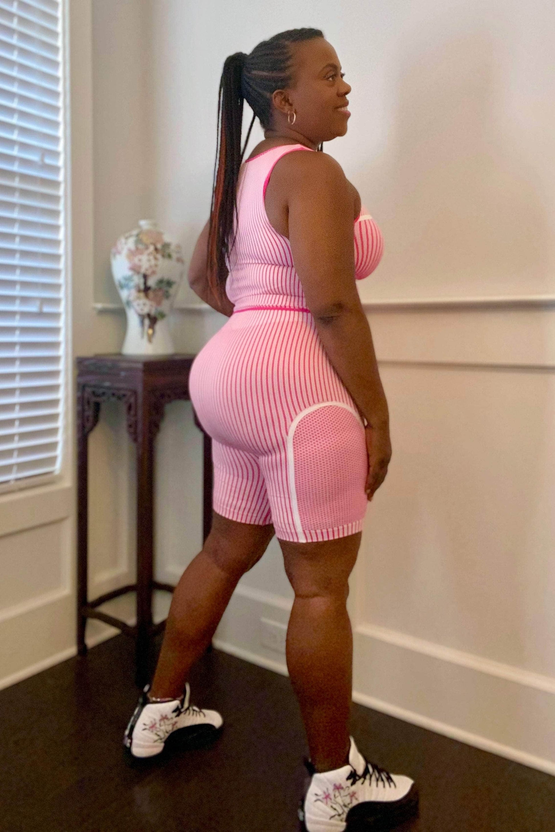 SJK Ribbed Fab Fit Sleeveless Top Matching Biker Short Set (Pink)