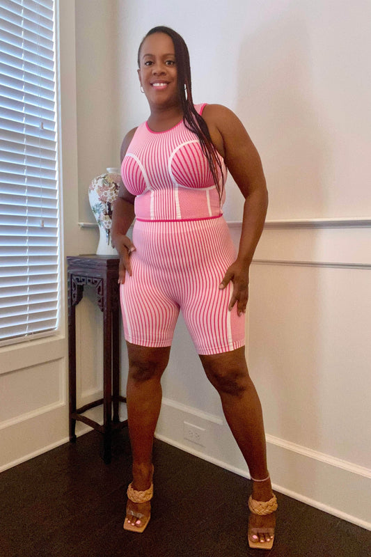 SJK Ribbed Fab Fit Sleeveless Top Matching Biker Short Set (Pink)