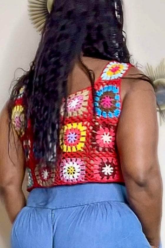 Timing Flower Power Square Neck Crochet Crop Top (Red Multi)