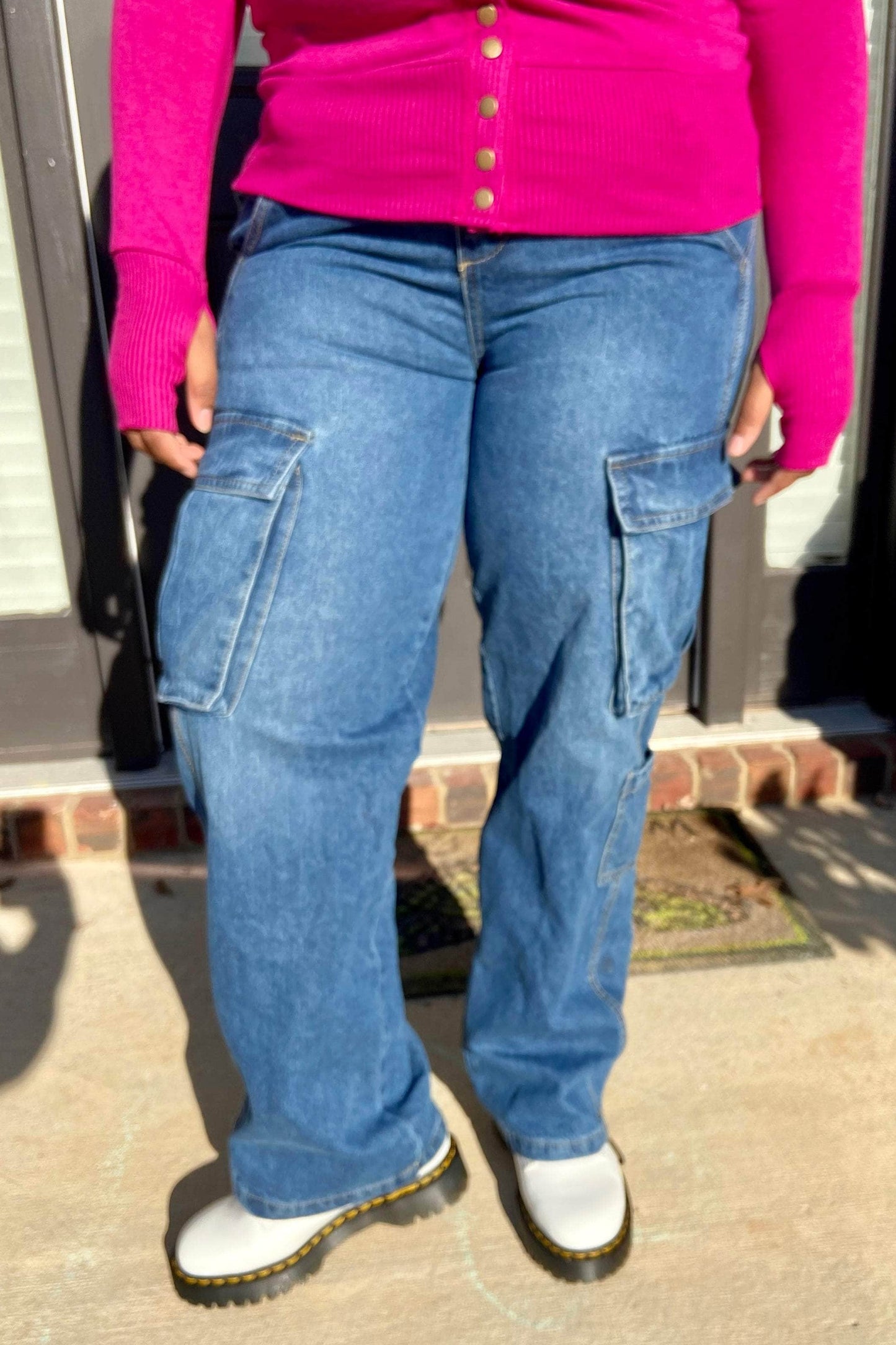 Timing On My Way High Waist Denim Cargo Jeans (Medium Denim)