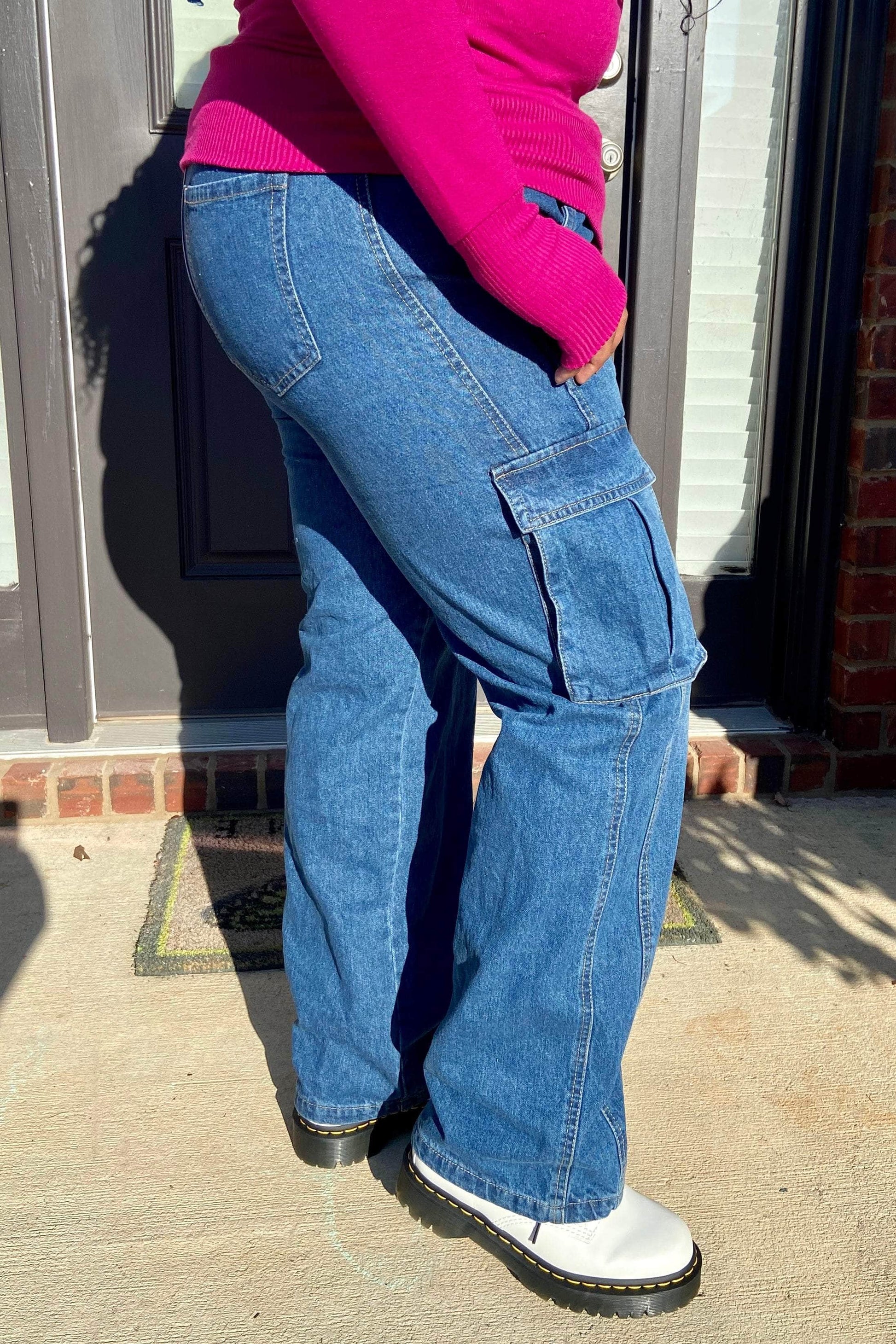Timing On My Way High Waist Denim Cargo Jeans (Medium Denim)