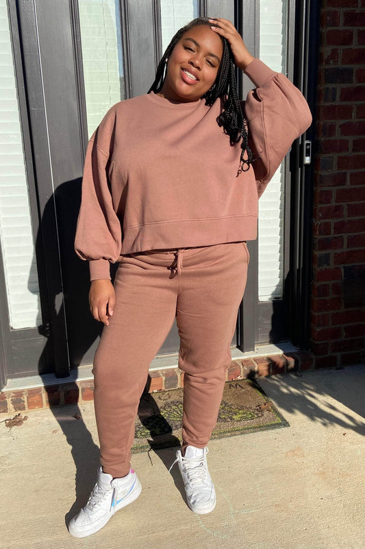 Zenana Balloon Sleeve Jogger Set (Cocoa)