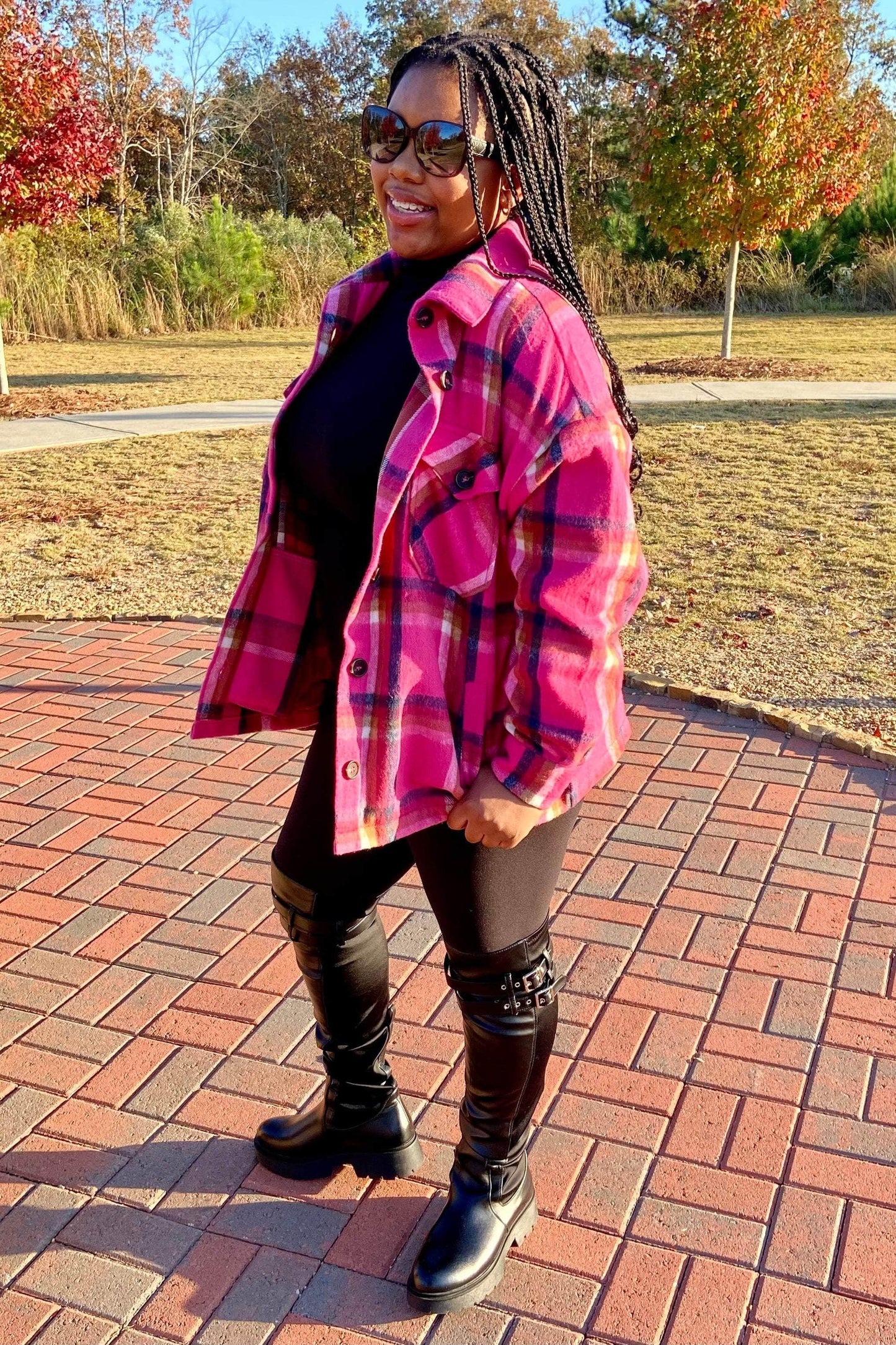 Zenana Wanna Be Down Yarn Died Plaid Shacket (Magenta)
