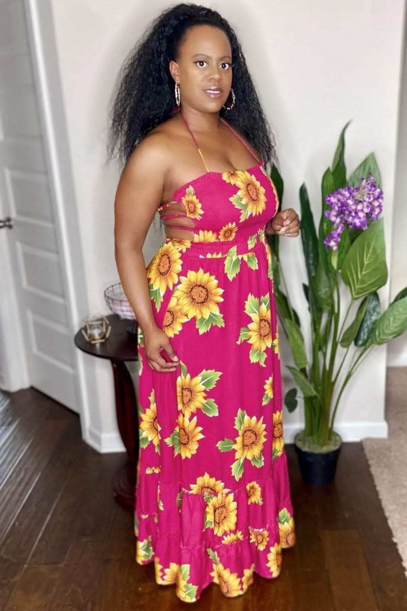 lee monet A Walk in The Park Floral Print Halter Maxi Dress (Red)
