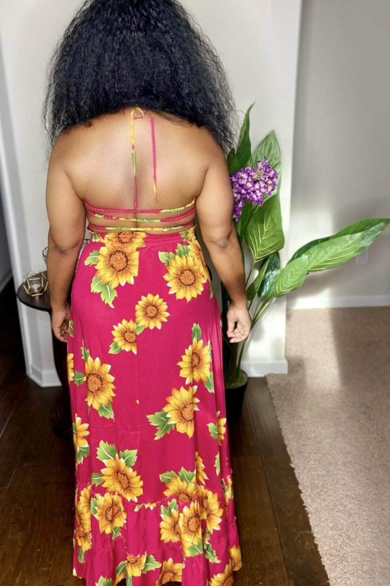 lee monet A Walk in The Park Floral Print Halter Maxi Dress (Red)