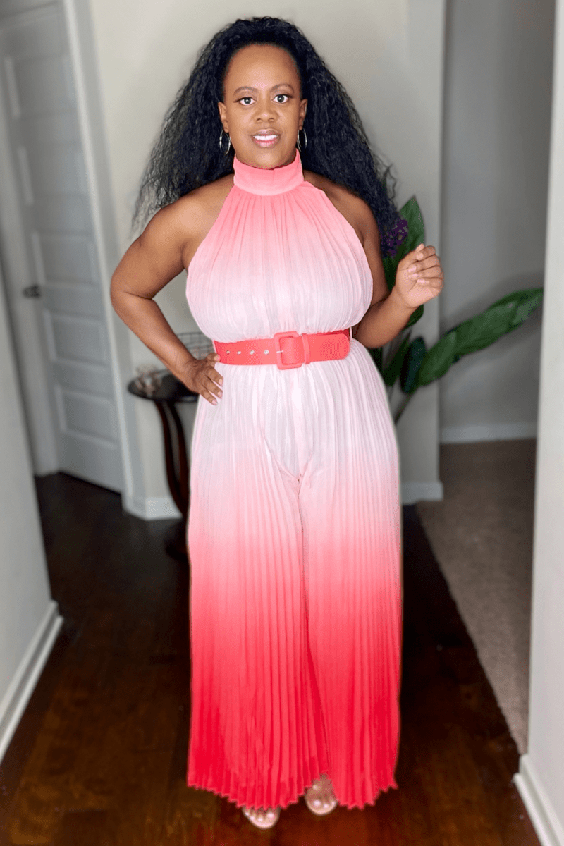 lee monet Bali Sunset Ombré Pleated Jumpsuit (Coral)