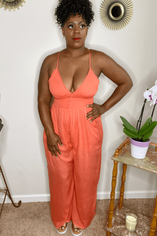 lee monet Callie Deep V Smock Waist Jumpsuit