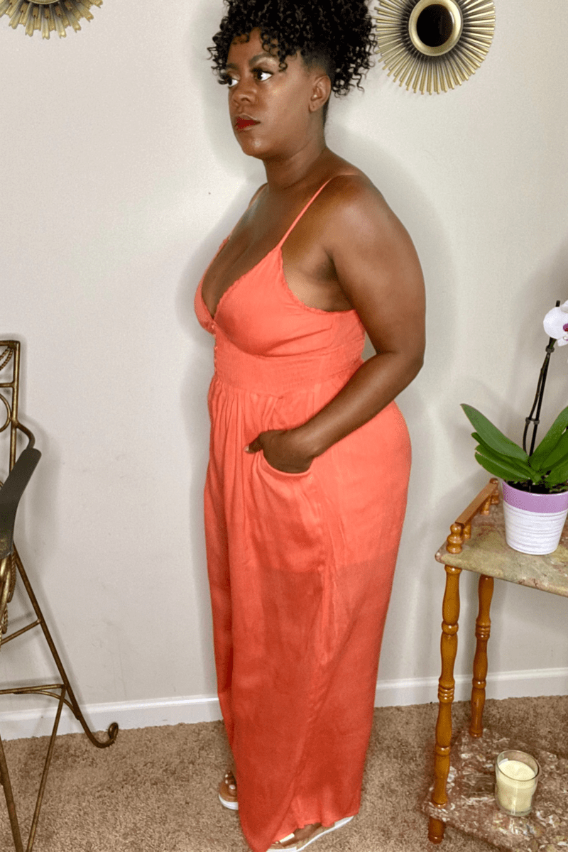 lee monet Callie Deep V Smock Waist Jumpsuit