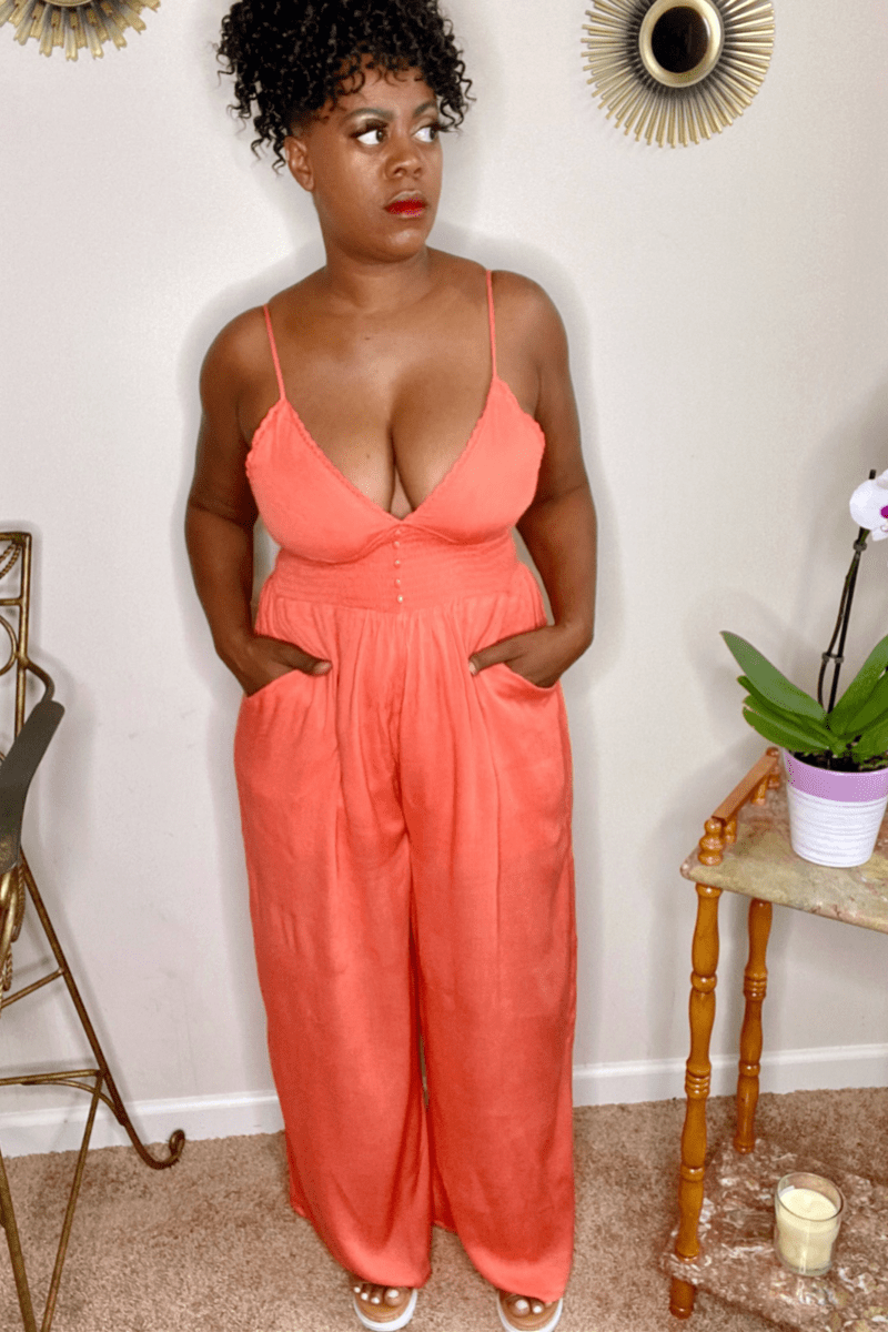lee monet Callie Deep V Smock Waist Jumpsuit
