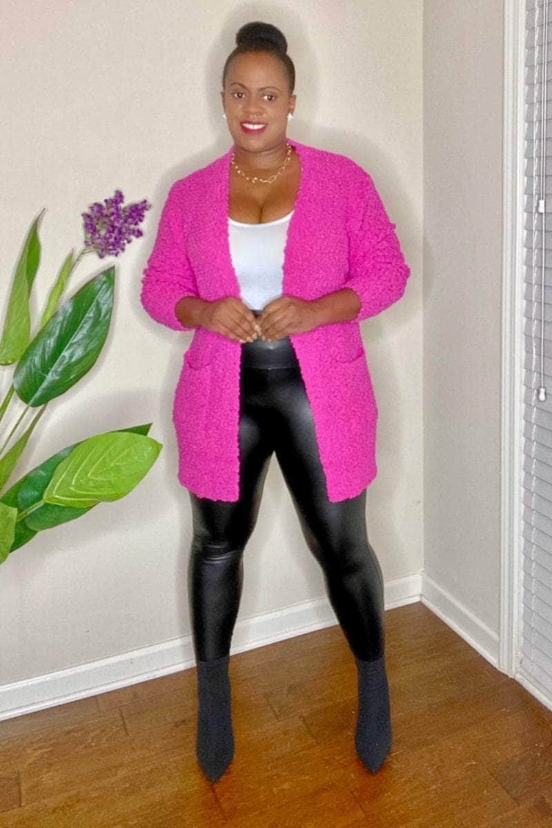 lee monet Cardigan Popcorn Sweater Cardigan (Neon Pink)
