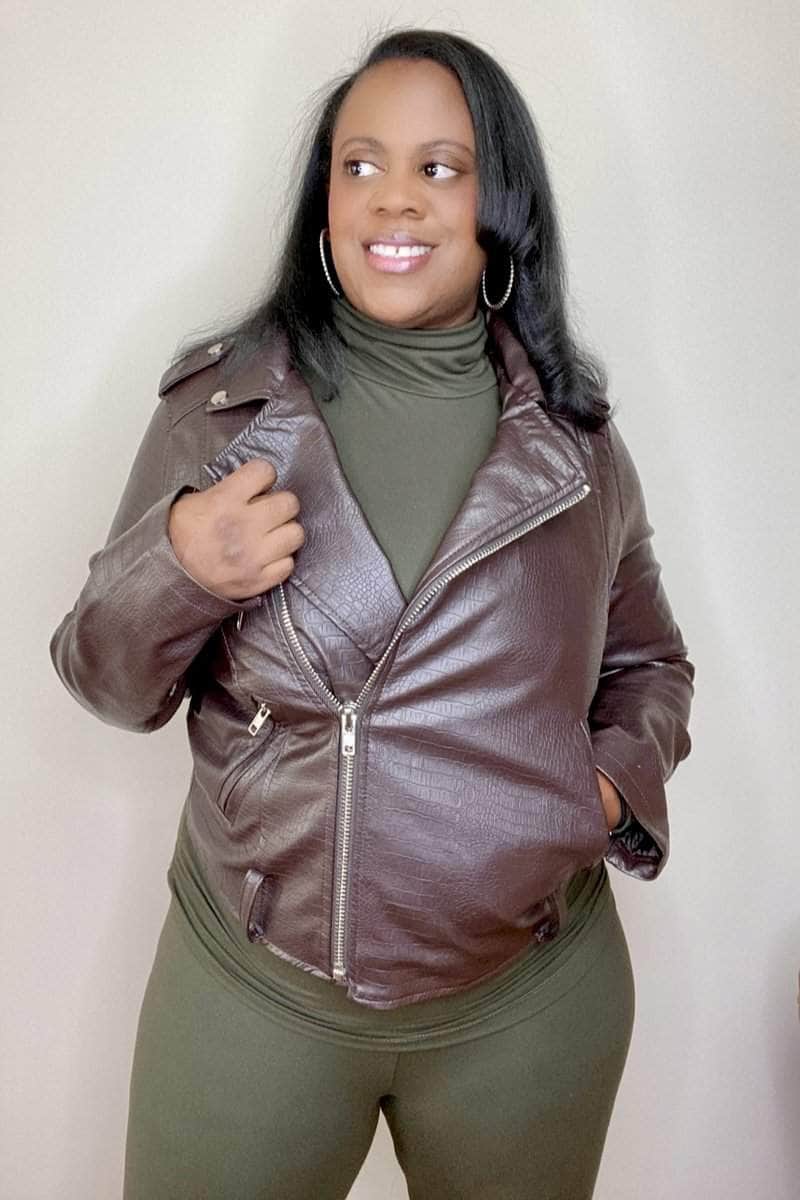 lee monet Coats & Jackets A Little Edgy Vegan Leather Moto Jacket (Brown)