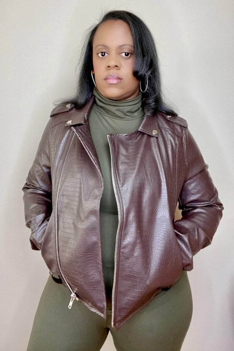 lee monet Coats & Jackets A Little Edgy Vegan Leather Moto Jacket (Brown)