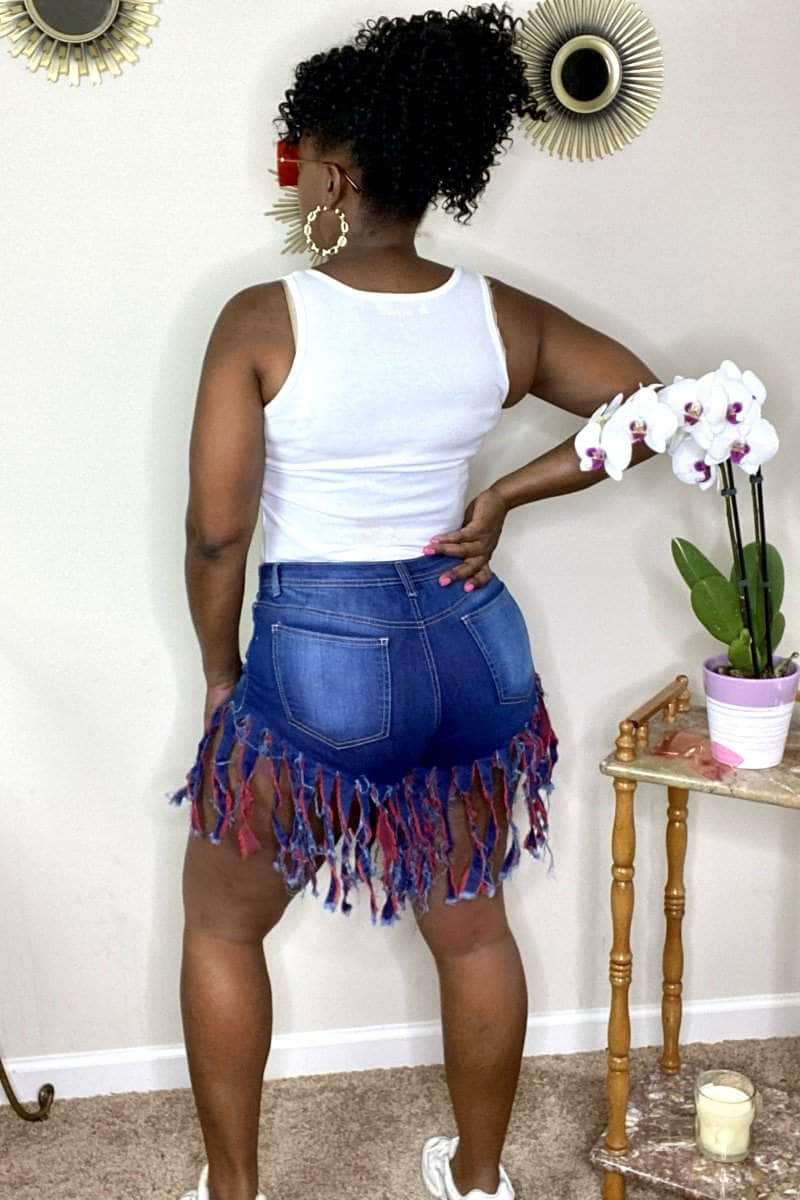 lee monet Daisy Distressed Short Shorts- Drk Denim/Red