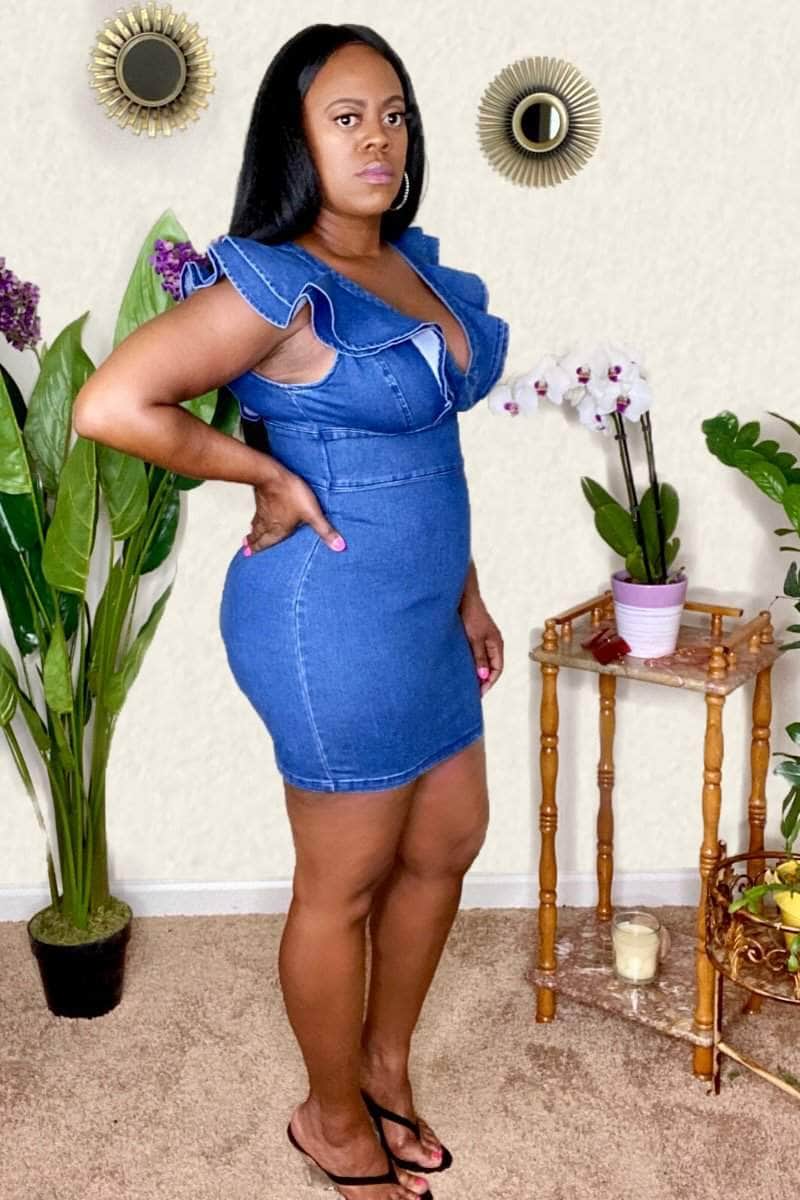 lee monet Denim Ruffle Mini Dress