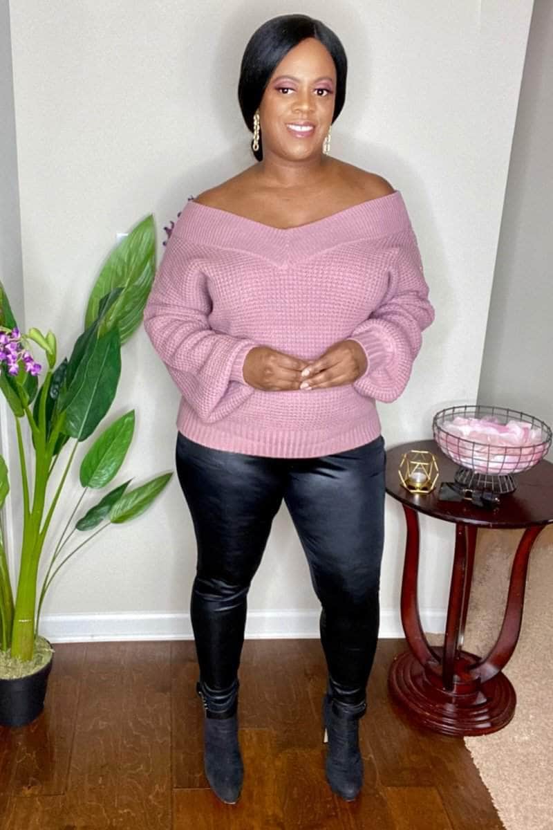 lee monet Double Take Wide V-Neck Balloon Sleeve Waffle Sweater- Lt Rose