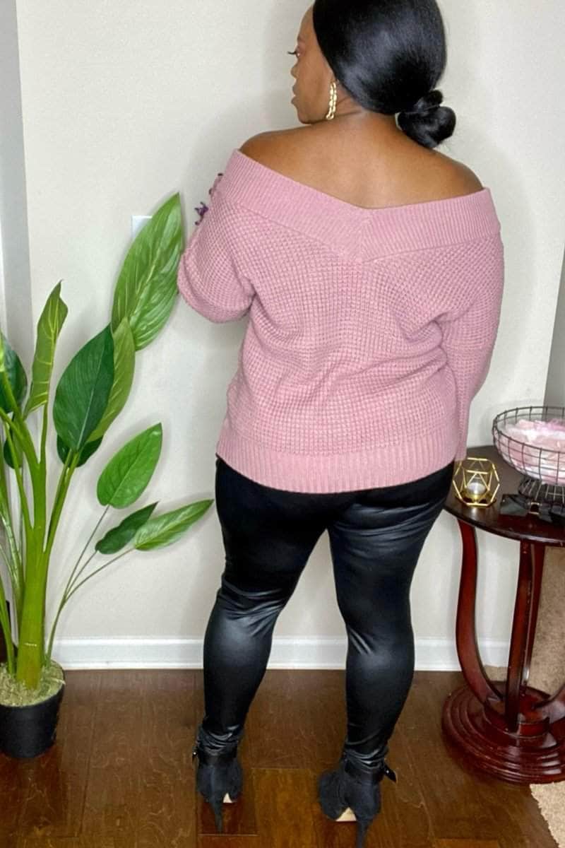 lee monet Double Take Wide V-Neck Balloon Sleeve Waffle Sweater- Lt Rose