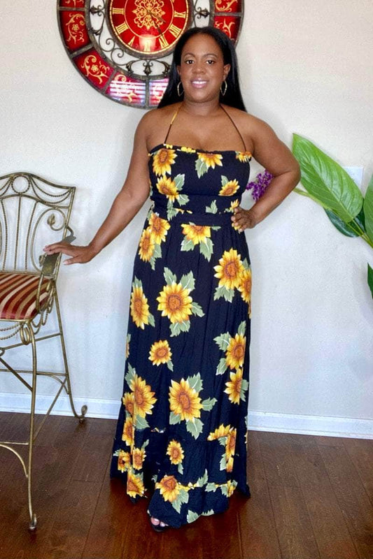 lee monet Dresses A Walk in The Park Floral Print Halter Maxi Dress (Black)