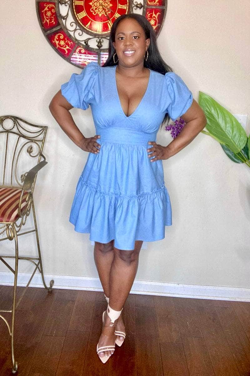 Courtney Chambray V-neck Mini Dress- Final Sale lee monet Courtney Chambray V-neck Mini Dress- Final Sale lee monet