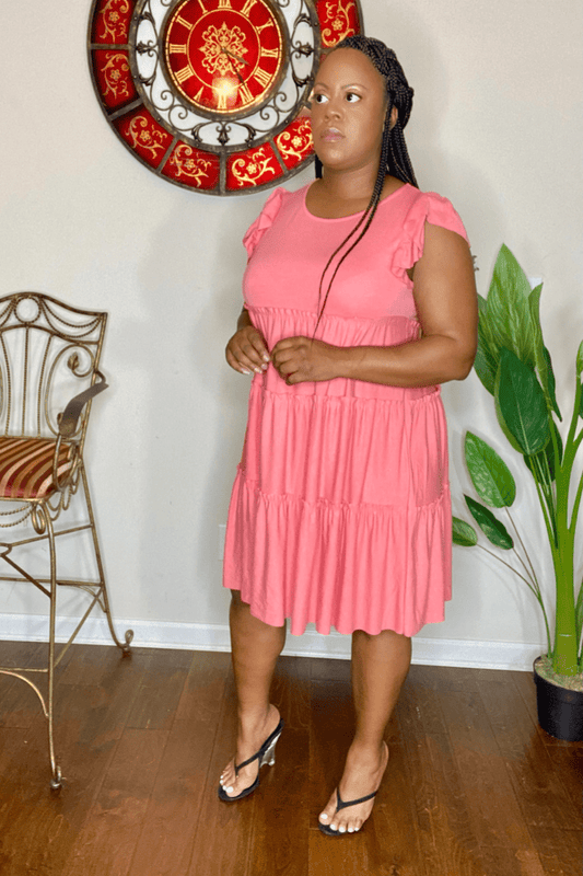 lee monet Dresses Keep It Simple Ruffle Sleeve Tiered Dress (Deep Coral)