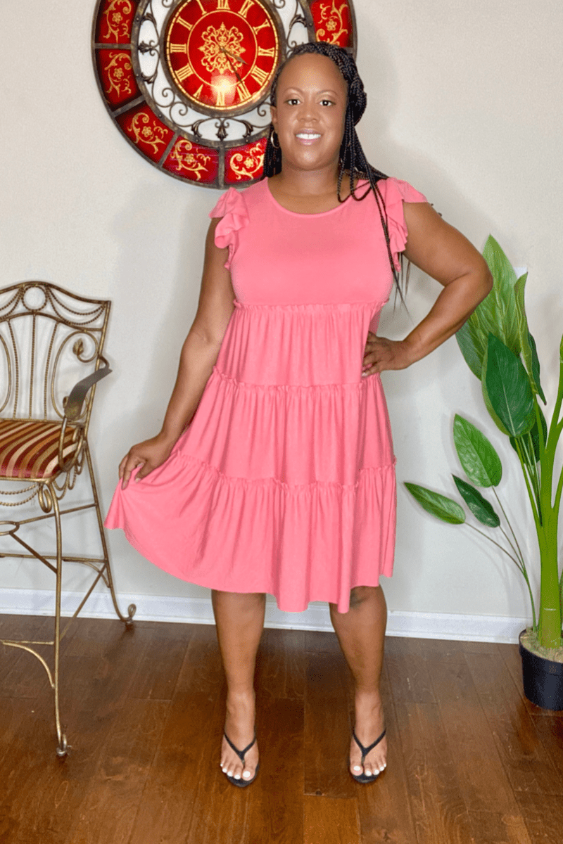 lee monet Dresses Keep It Simple Ruffle Sleeve Tiered Dress (Deep Coral)