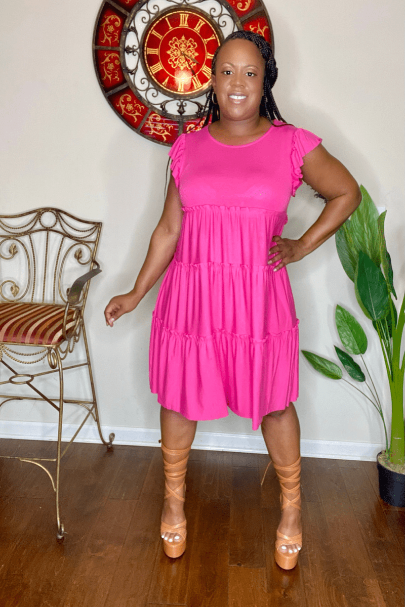 lee monet Dresses Keep It Simple Ruffle Sleeve Tiered Dress (Fuchsia)