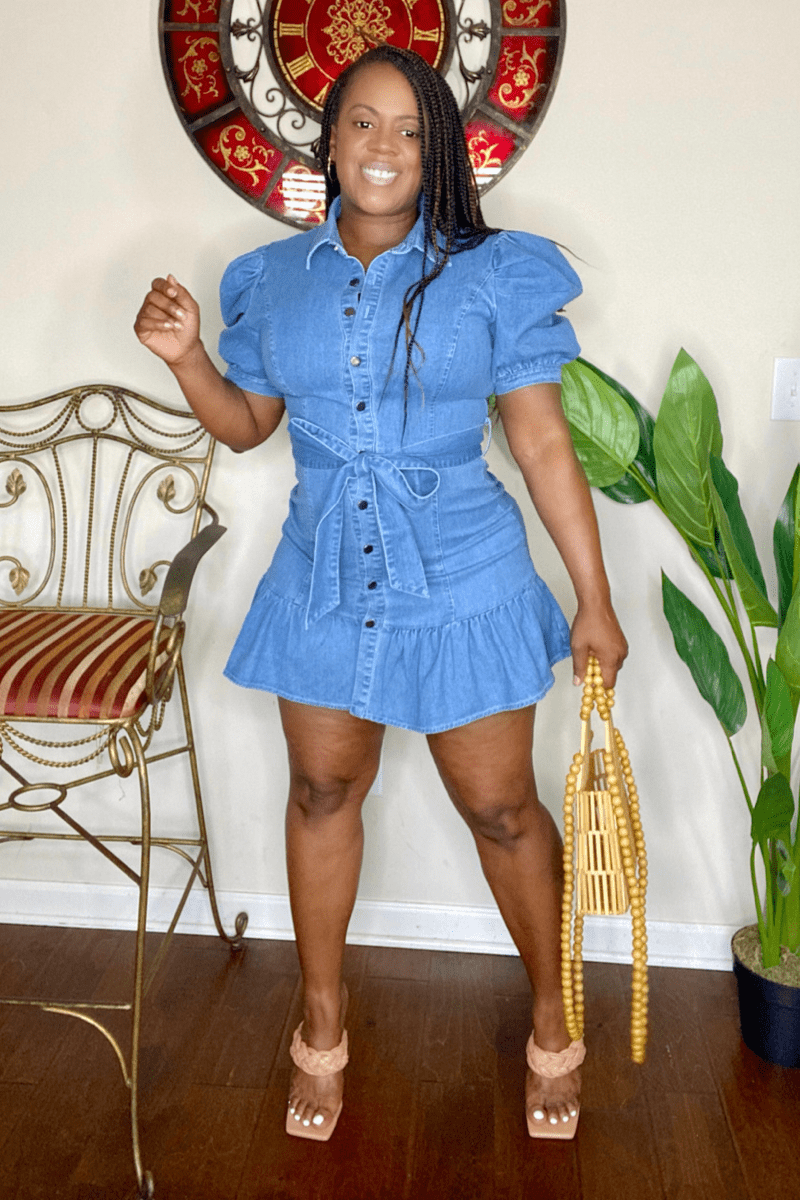 Puff Sleeve Denim Mini Dress (Medium Indigo)- Final Sale lee monet Puff Sleeve Denim Mini Dress (Medium Indigo)- Final Sale lee monet