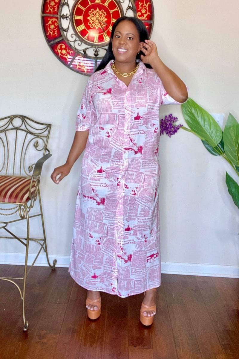 lee monet Dresses Read All About It Button Down Shirt Dress (Magenta)