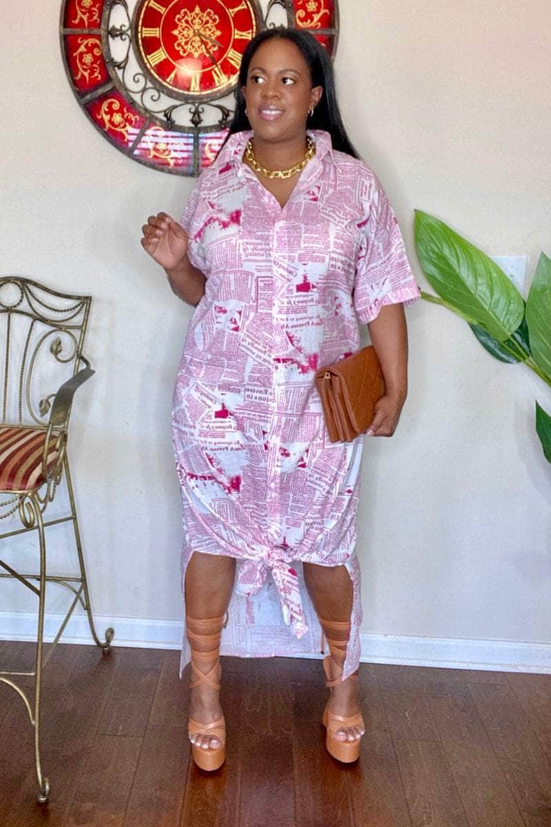 lee monet Dresses Read All About It Button Down Shirt Dress (Magenta)