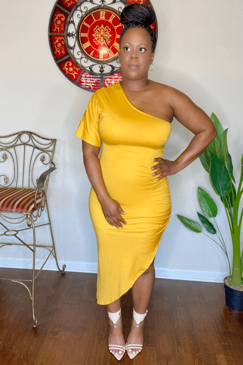 lee monet Dresses Say My Name Ruched Bodycon Dress (Mustard)