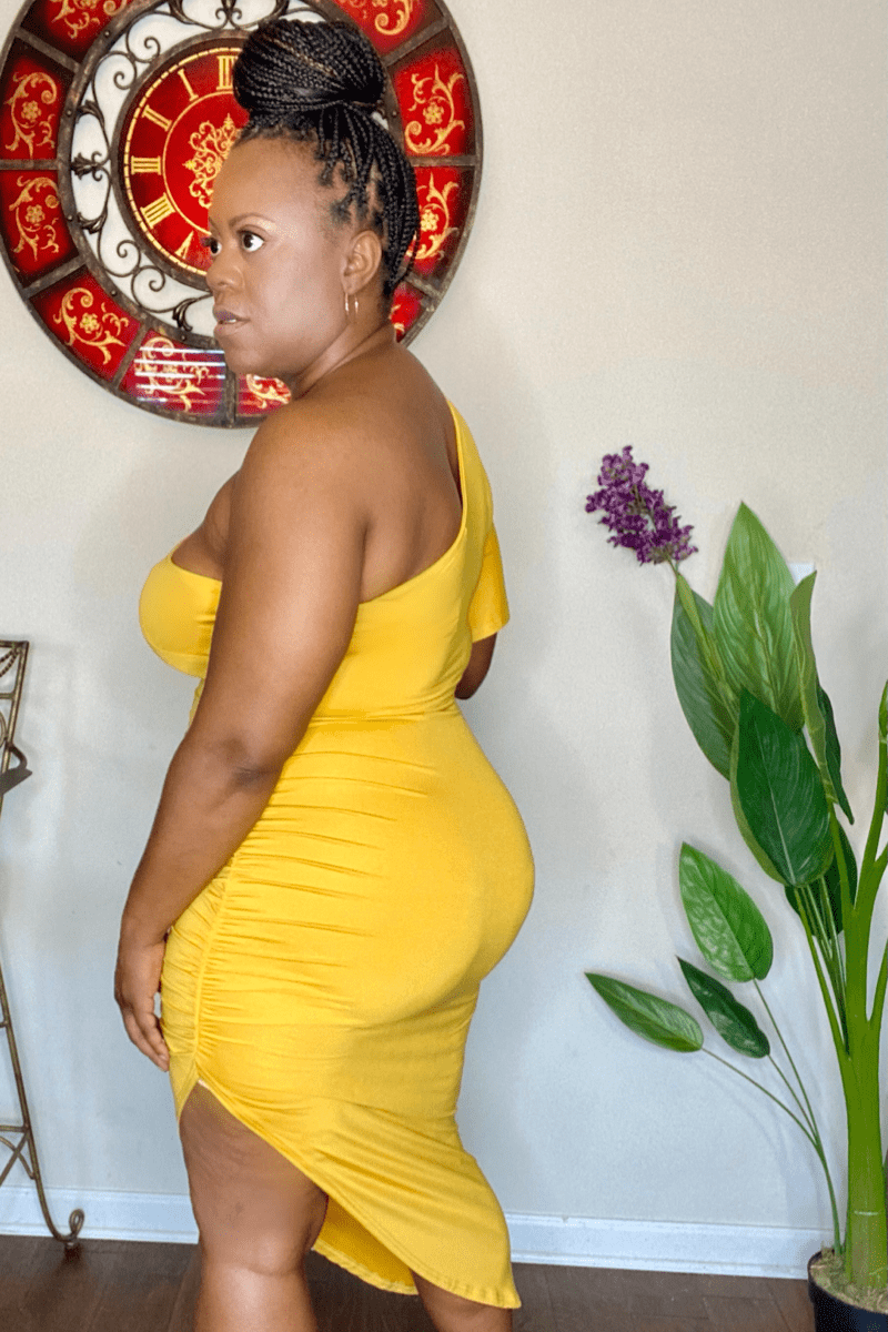 lee monet Dresses Say My Name Ruched Bodycon Dress (Mustard)