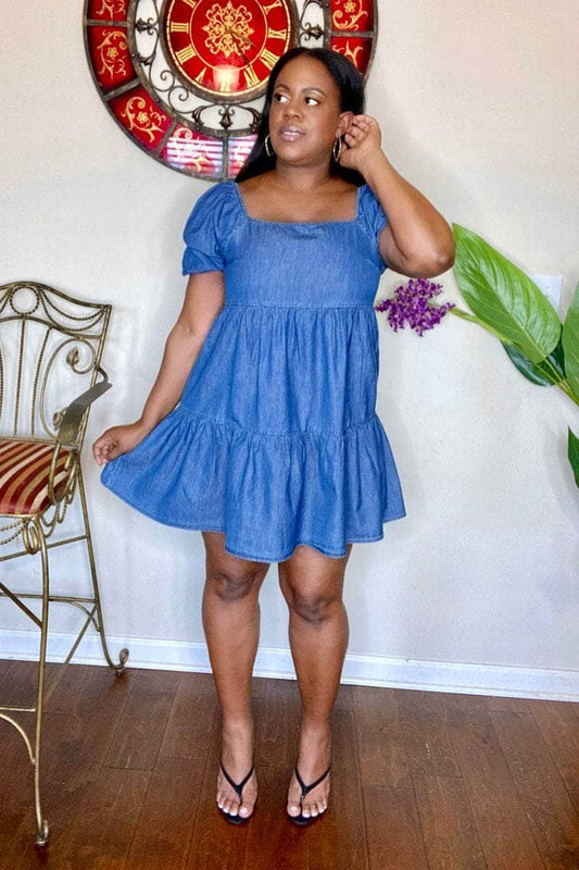lee monet Dresses Short & Sweet Square Neck Denim Mini Dress