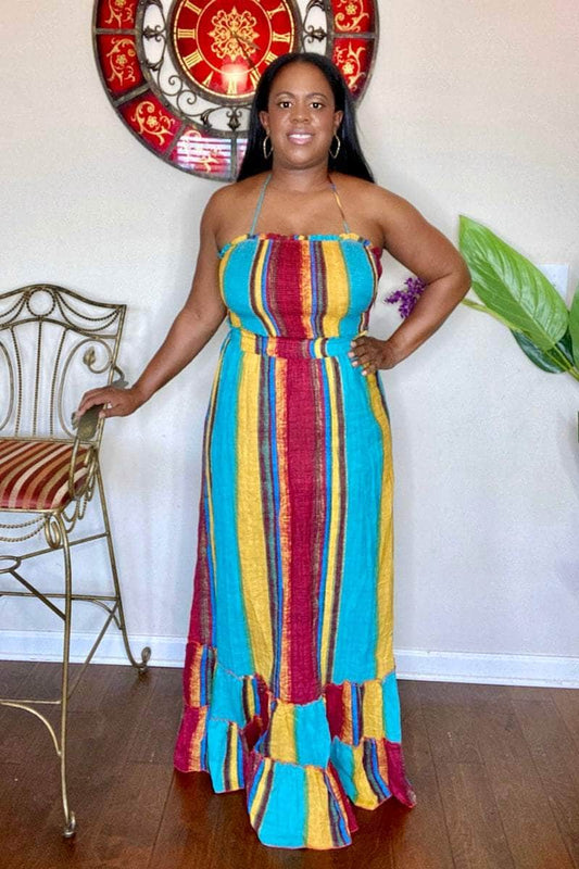lee monet Dresses Tropical Sunset Multi Color Halter Maxi Dress (Teal)