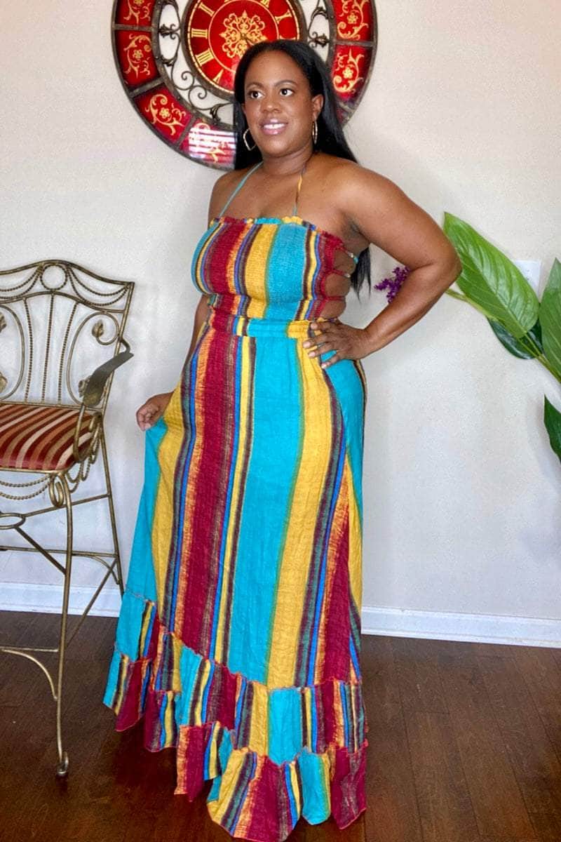 lee monet Dresses Tropical Sunset Multi Color Halter Maxi Dress (Teal)