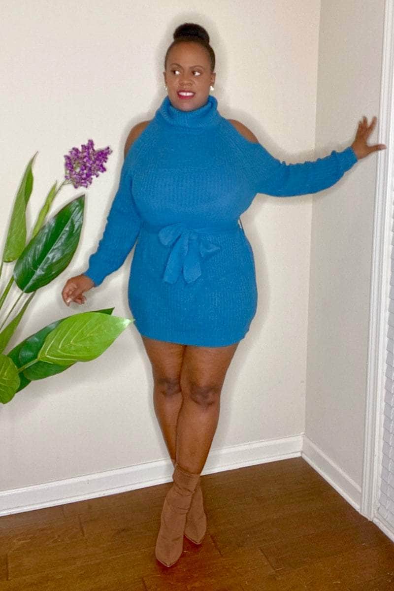 lee monet Fall In Love Cold Shoulder Sweater Dress (Teal)