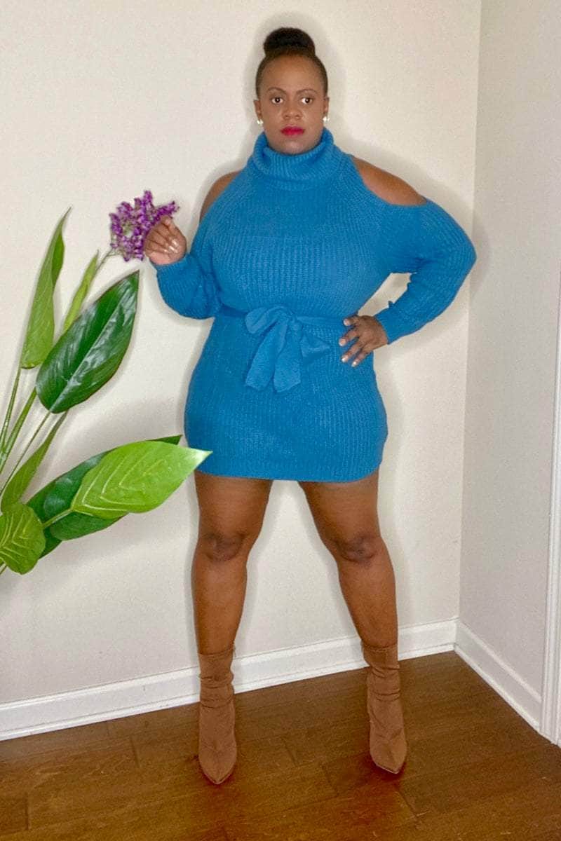 lee monet Fall In Love Cold Shoulder Sweater Dress (Teal)