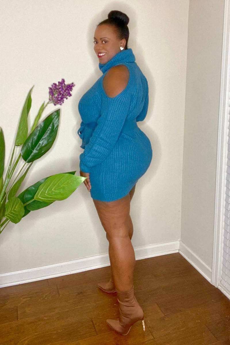 lee monet Fall In Love Cold Shoulder Sweater Dress (Teal)